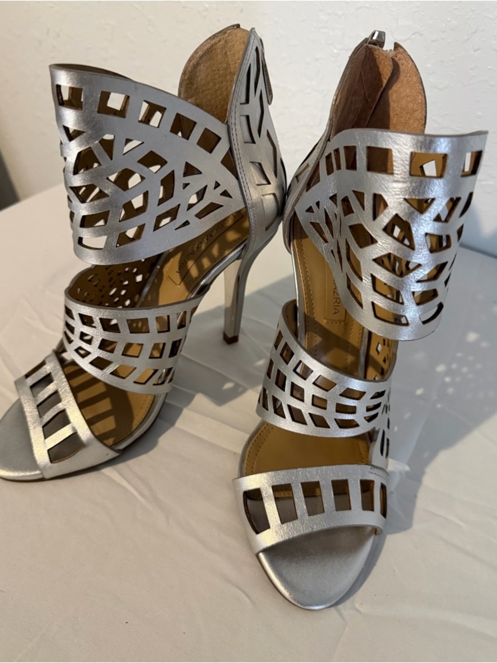 BCBGMaxAzria Silver Laser-Cut Stiletto Sandals NWOT never worn